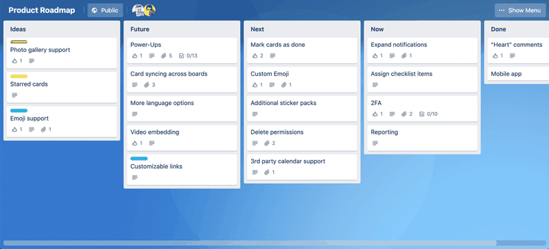 trello 屏幕截图 产品路线图工具