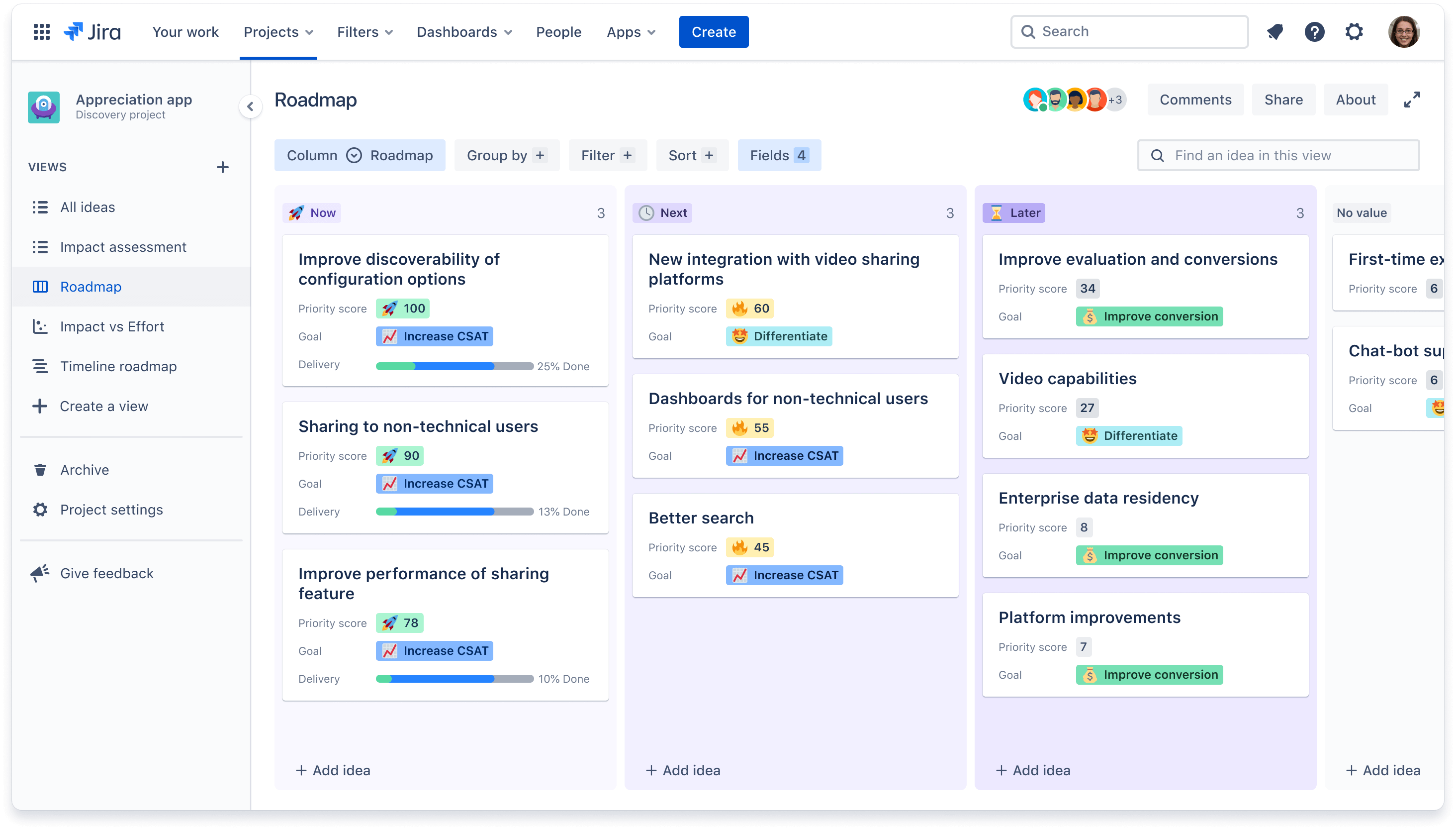 Jira 中显示现在、未来和以后想法类别的产品路线图。